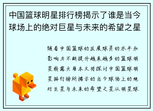 中国篮球明星排行榜揭示了谁是当今球场上的绝对巨星与未来的希望之星