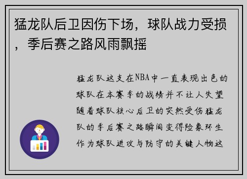 猛龙队后卫因伤下场，球队战力受损，季后赛之路风雨飘摇