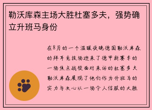 勒沃库森主场大胜杜塞多夫，强势确立升班马身份