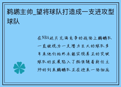 鹈鹕主帅_望将球队打造成一支进攻型球队